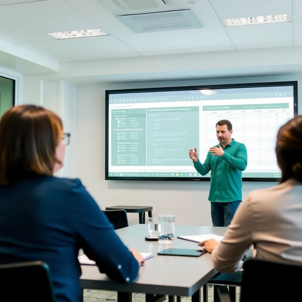 Lektor vysvetľujúci Excel funkcionalitu skupiny zamestnancov