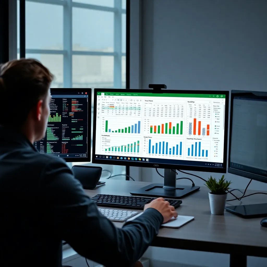 Profesionál analyzujúci dáta v Exceli s grafmi a tabuľkami na obrazovke