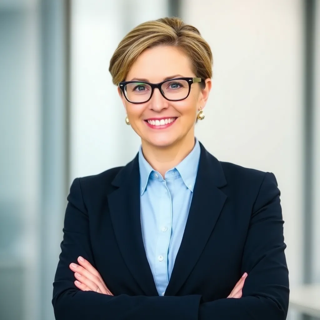 Profesionálna žena v biznis oblečení, 40 rokov, s okuliarmi