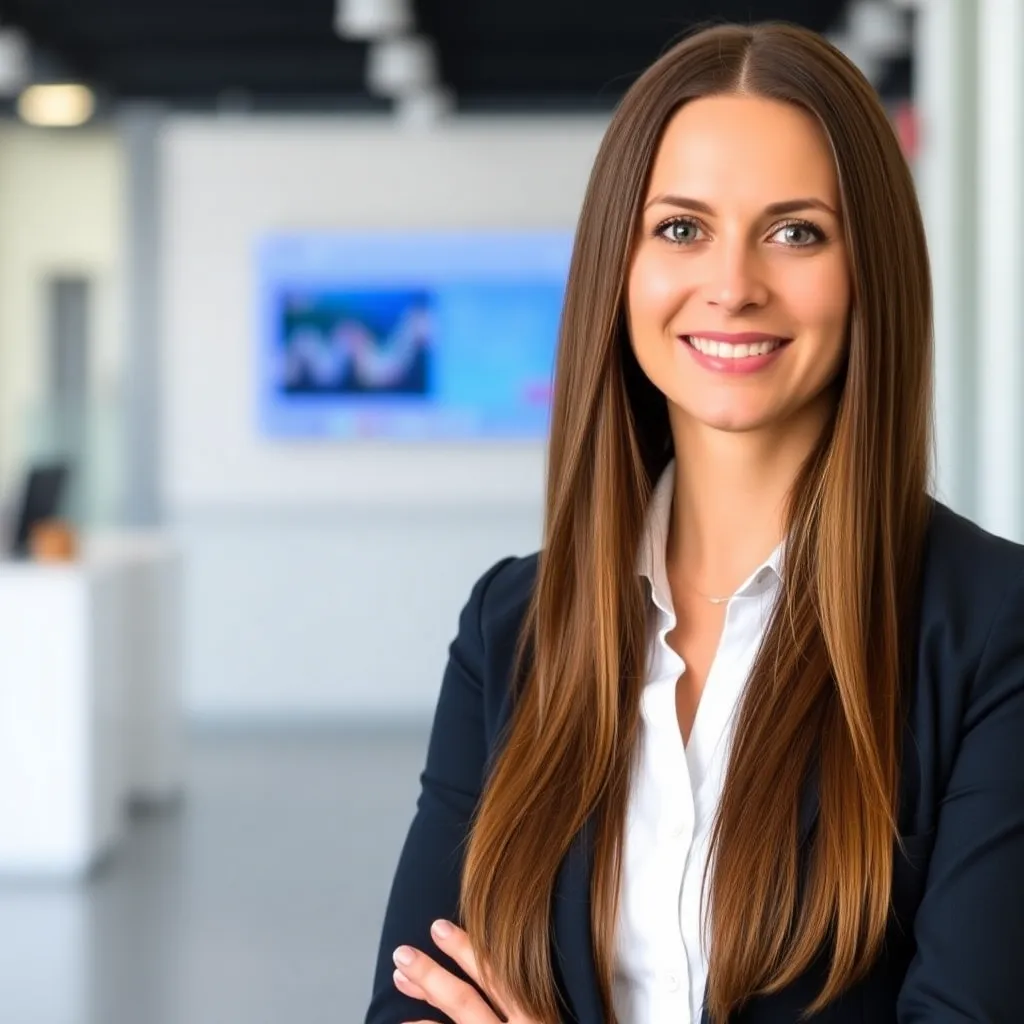 Profesionálna žena s dlhými vlasmi, 35 rokov, business casual oblečenie