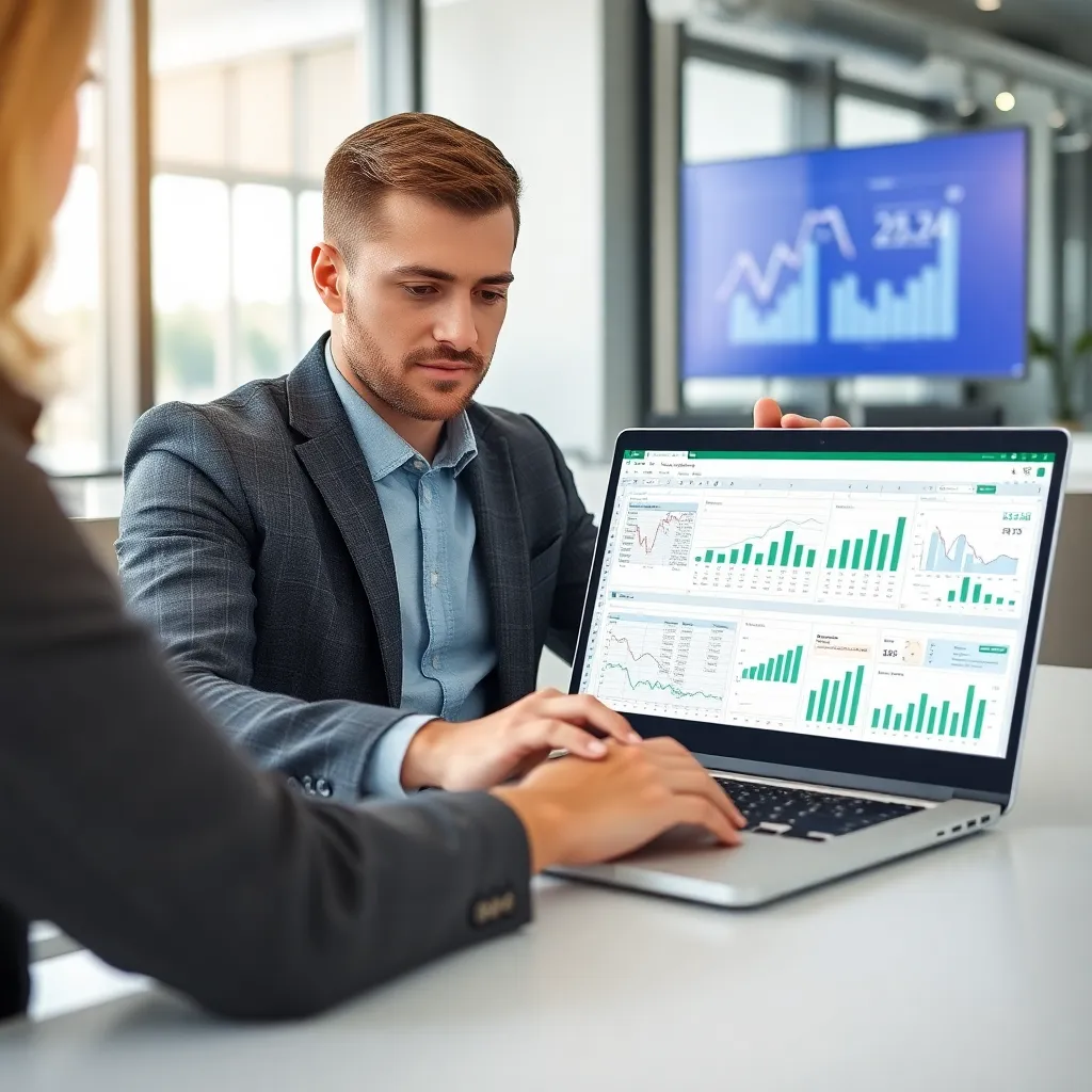Profesionál pracujúci s Excel tabuľkami na notebooku s dátovými grafmi