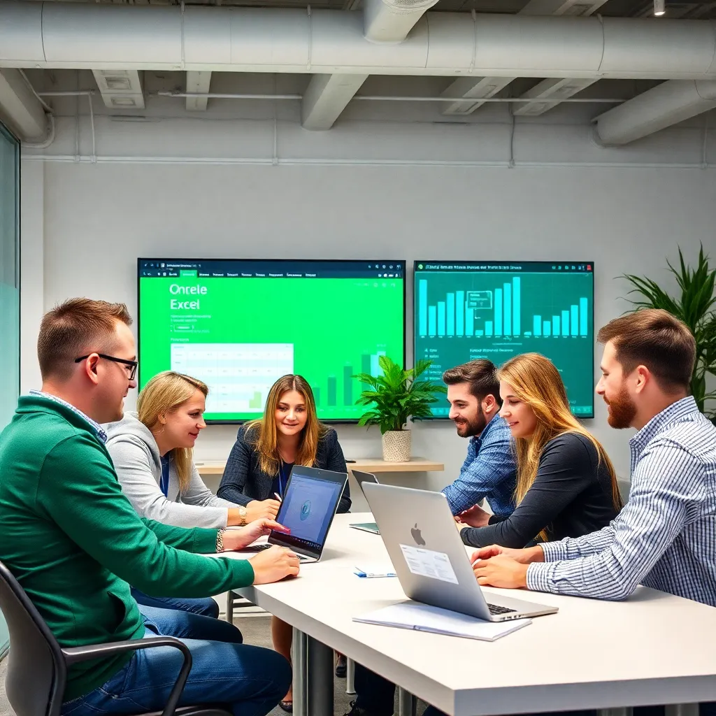 Tím zamestnancov učiaci sa Excel techniky v modernej kancelárii